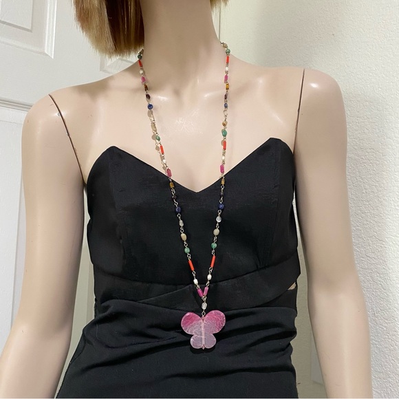 Handmade Pink Butterfly Pendant Genuine Stones Beaded Long Necklace - Picture 2 of 11